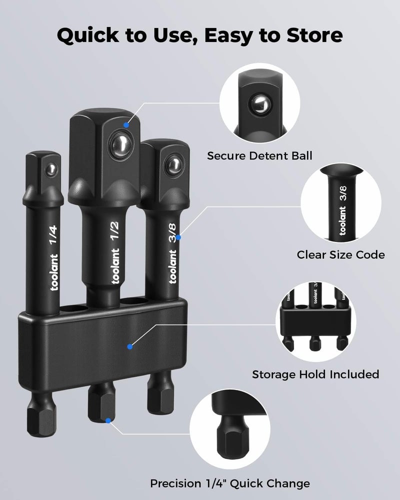 toolant Impact Socket Adapter Set, 3 pcs, 1/4", 3/8", 1/2" Drive, Hex Shank Drill Bit Adapter with Holder, Compatible with Power Drill & Impact Driver - Image 3